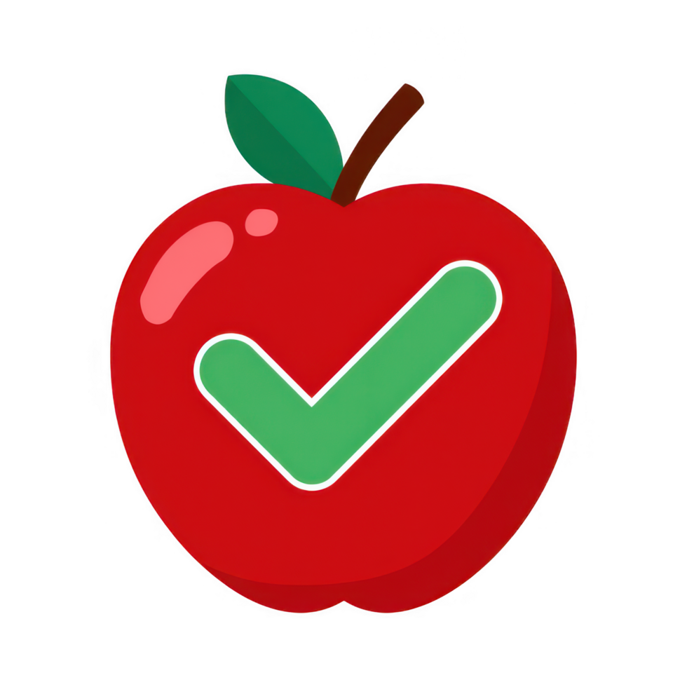 Fresh red apple with green check mark symbolizing pesticide free food, representing healthy eating choices and organic produce. This conveys sense of trust and quality in food selection png