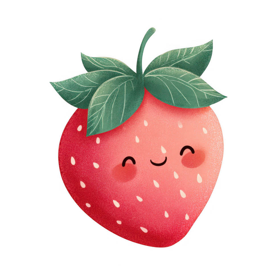 Cute smiling strawberry character with vibrant colors and cheerful expression, perfect for children illustrations or playful designs. This adorable fruit element brings joy and fun to any project png