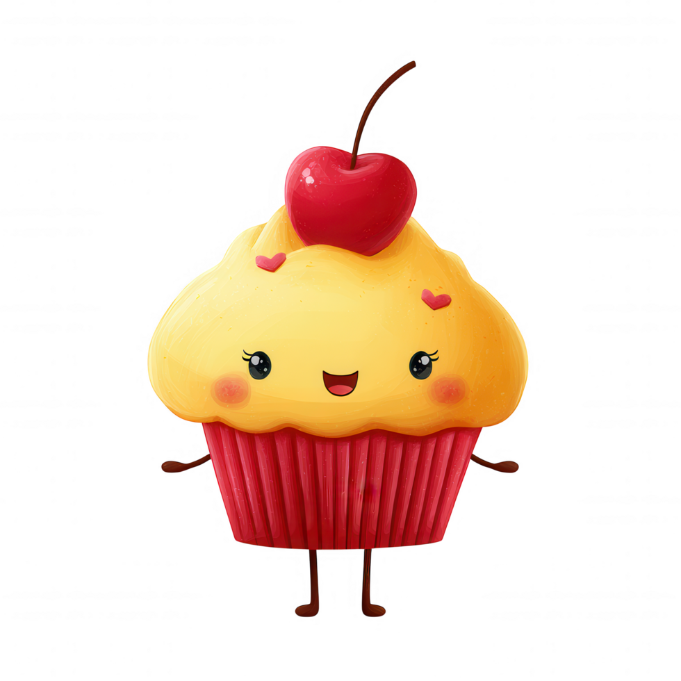 Cute cupcake character with cheerful expression, topped with cherry and adorned with heart decorations. This delightful dessert brings joy and sweetness to any occasion png