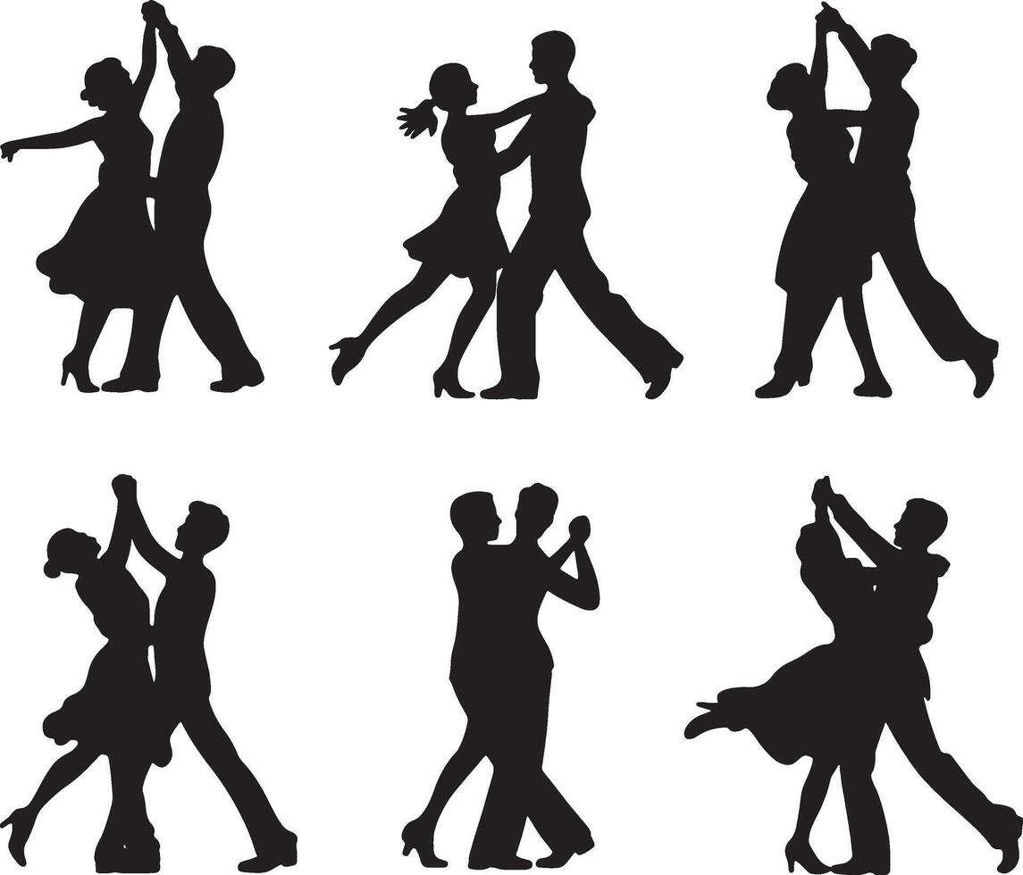 Six silhouettes couples ballroom dancing romance vector