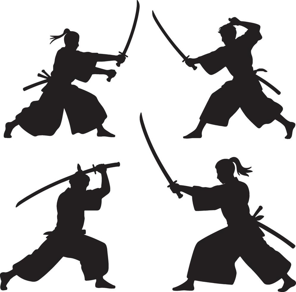 Samurai sword fighting silhouettes action poses vector