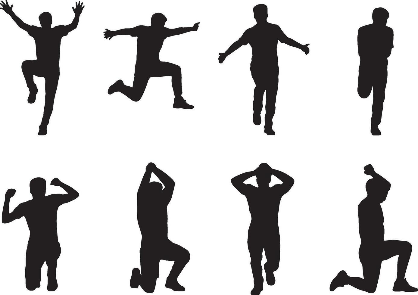 Eight silhouettes of men exercising fitness poses vector