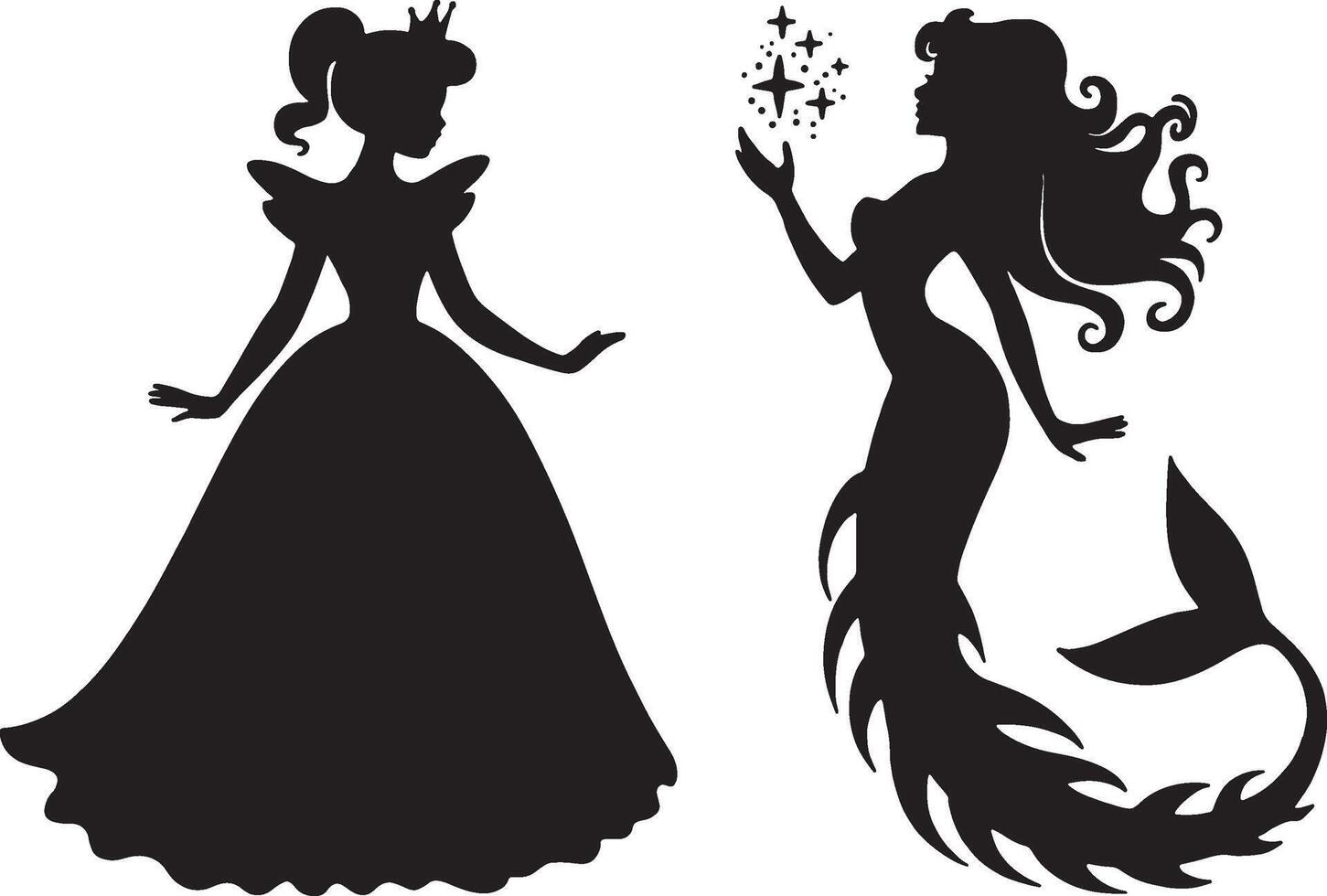 Unique Princess and mermaid silhouettes fairytale fantasy vector