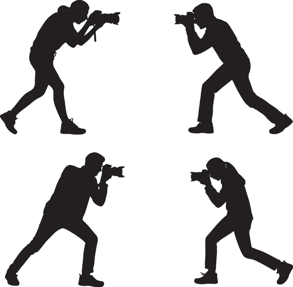 Four photographers silhouettes action shots camera vector