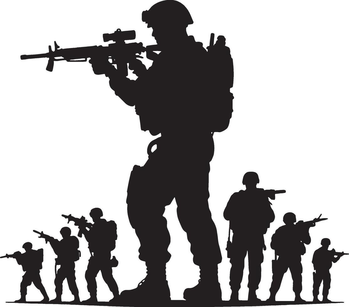 Silhouettes of soldiers armed with rifles vector