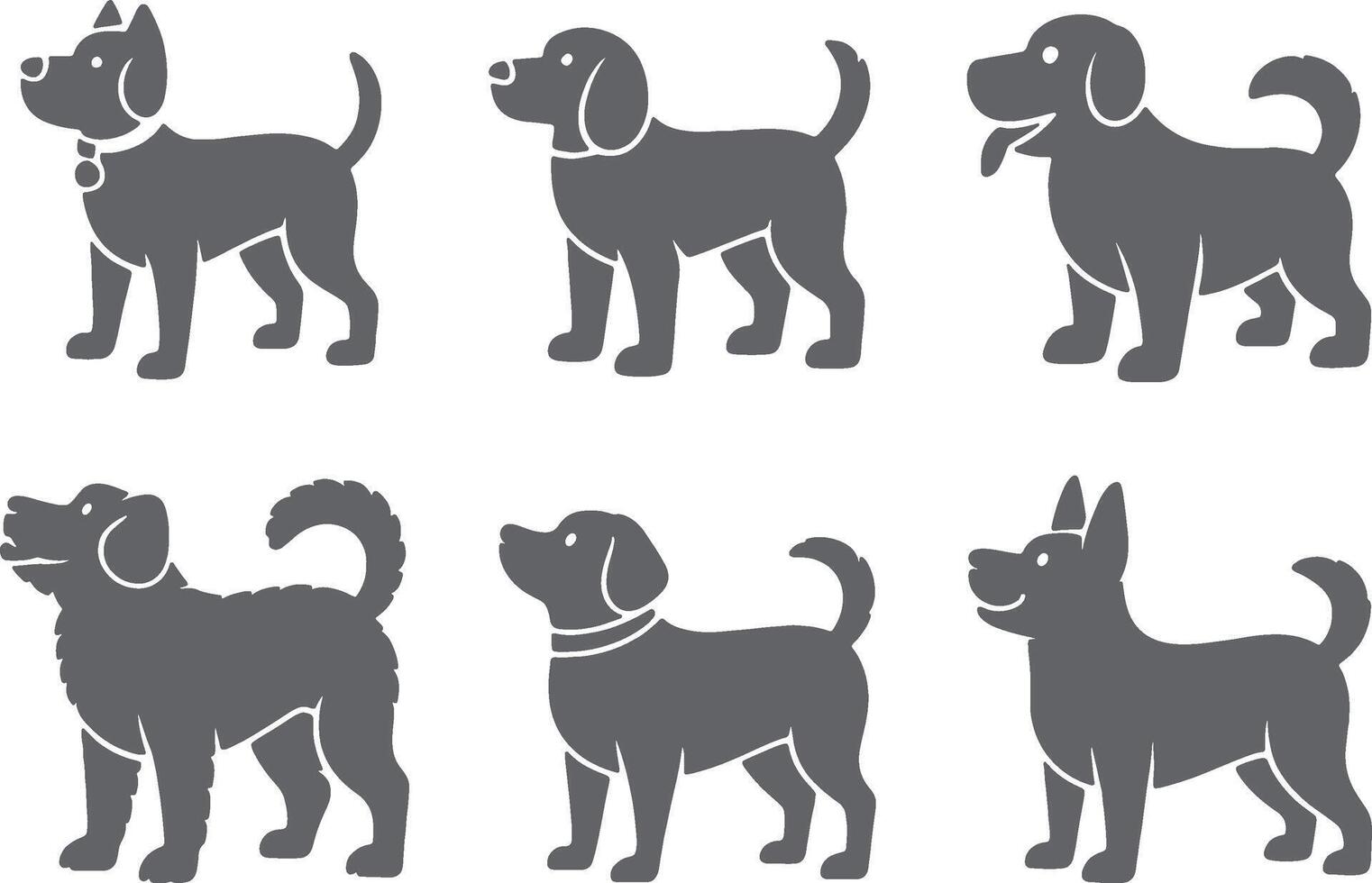 Six gray silhouettes of different dog breeds vector