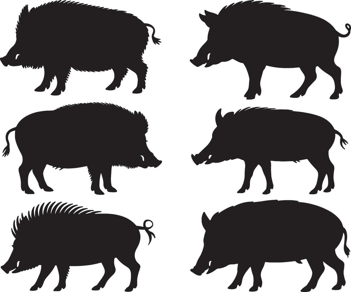 Six wild boar silhouettes black and white vector