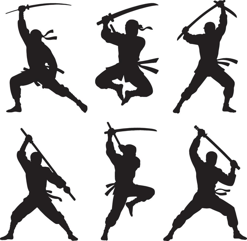 Six silhouettes of ninjas with swords and staffs vector