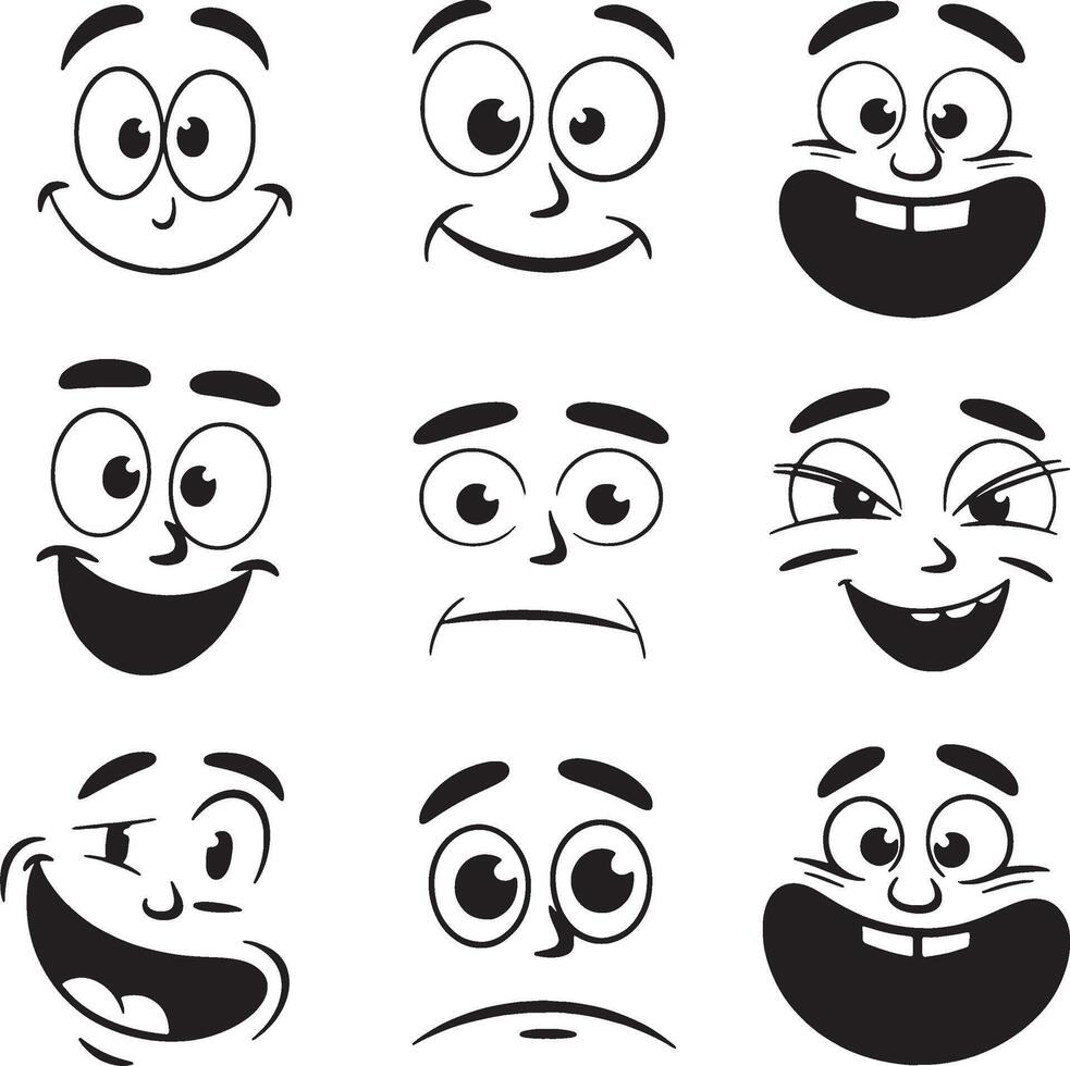 Nine cartoon faces showing various emotions expressions vector