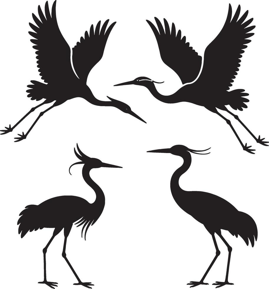 Elegant black silhouette herons bird collection vector