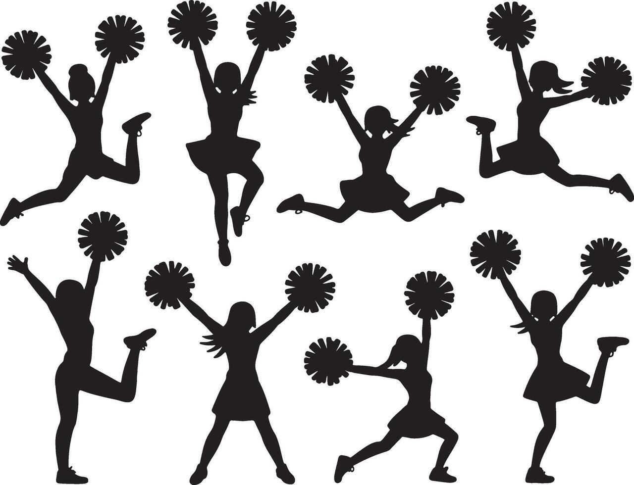 Cheerleader silhouettes jumping with pom poms vector