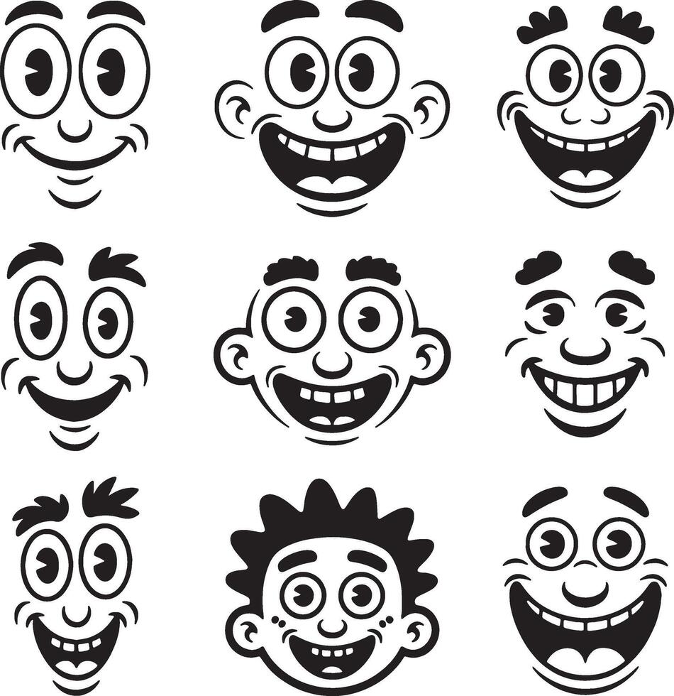 Nine happy cartoon faces expressions set vector