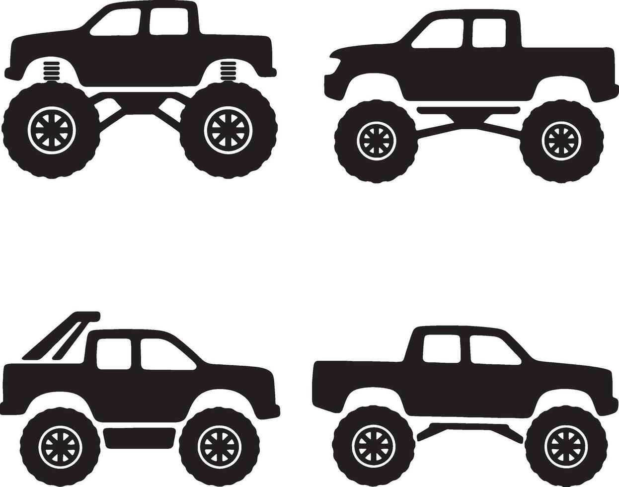 four different types of trucks in black and white vector