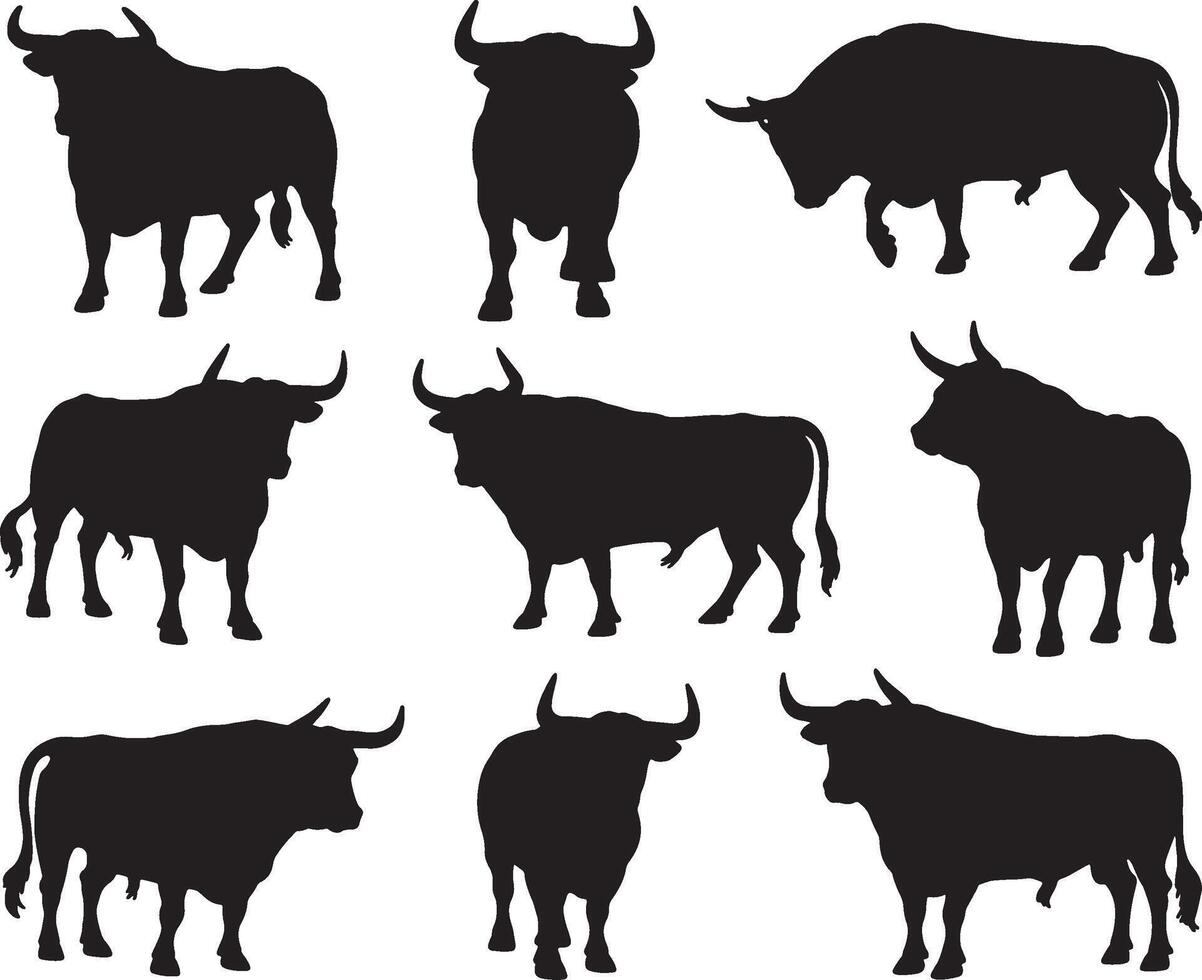 Nine silhouettes of spanish fighting bulls vector