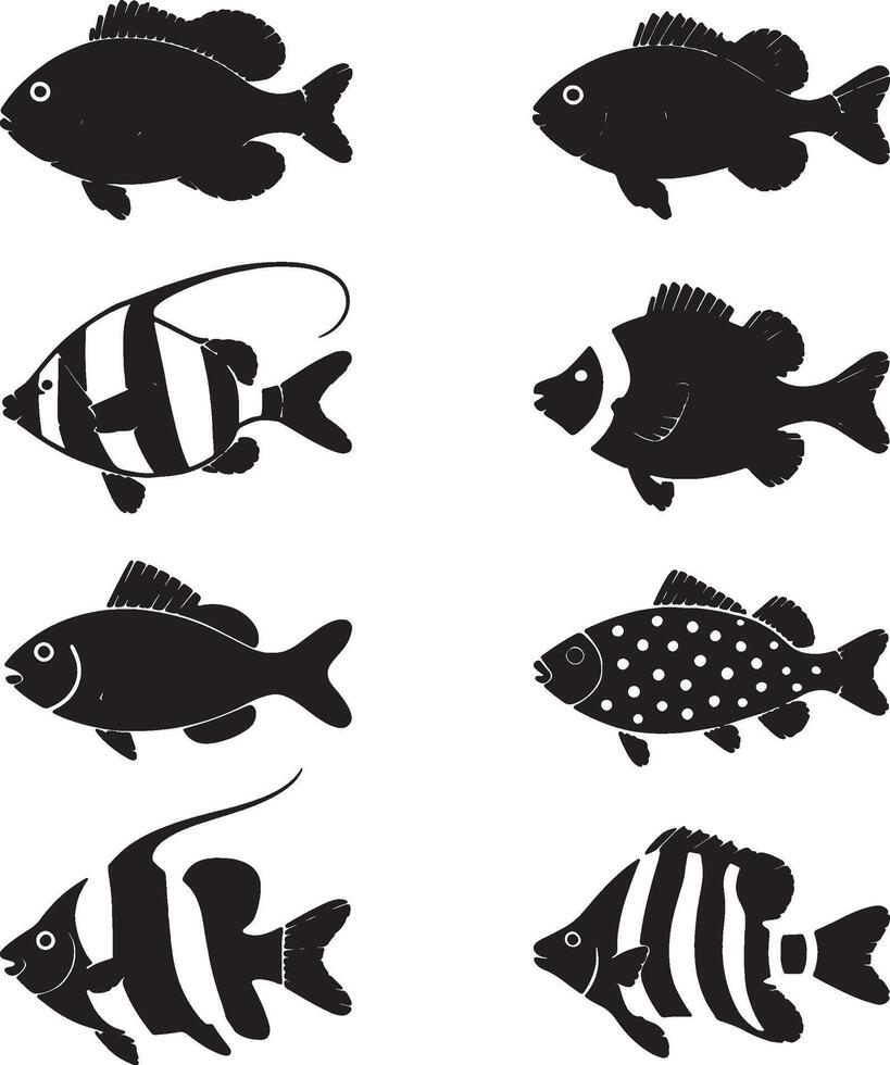 Collection of black silhouettes various fish species vector
