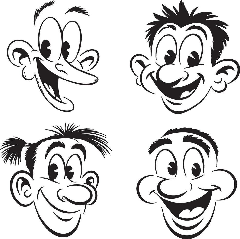 Four cartoon faces happy expressions black white vector