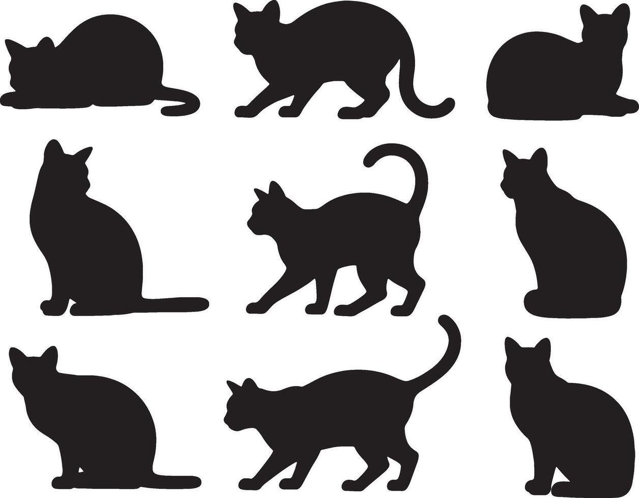 Nine black cat silhouettes various poses vector