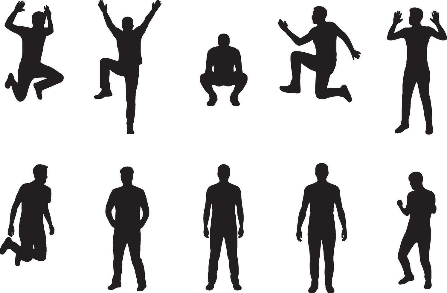 Diverse male silhouettes action poses jumping running vector
