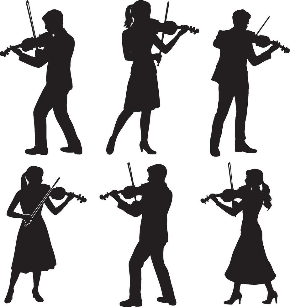 silhouettes of people playing violin and violinist vector