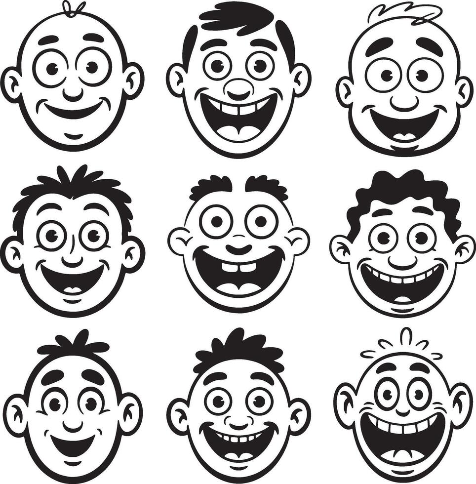 Nine happy cartoon boy faces expressions set vector