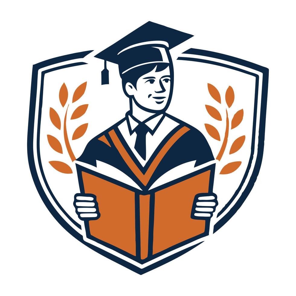 Graduation Shield Badge Icon with Student and Laurel Academic, Achievement, Education Symbol vector