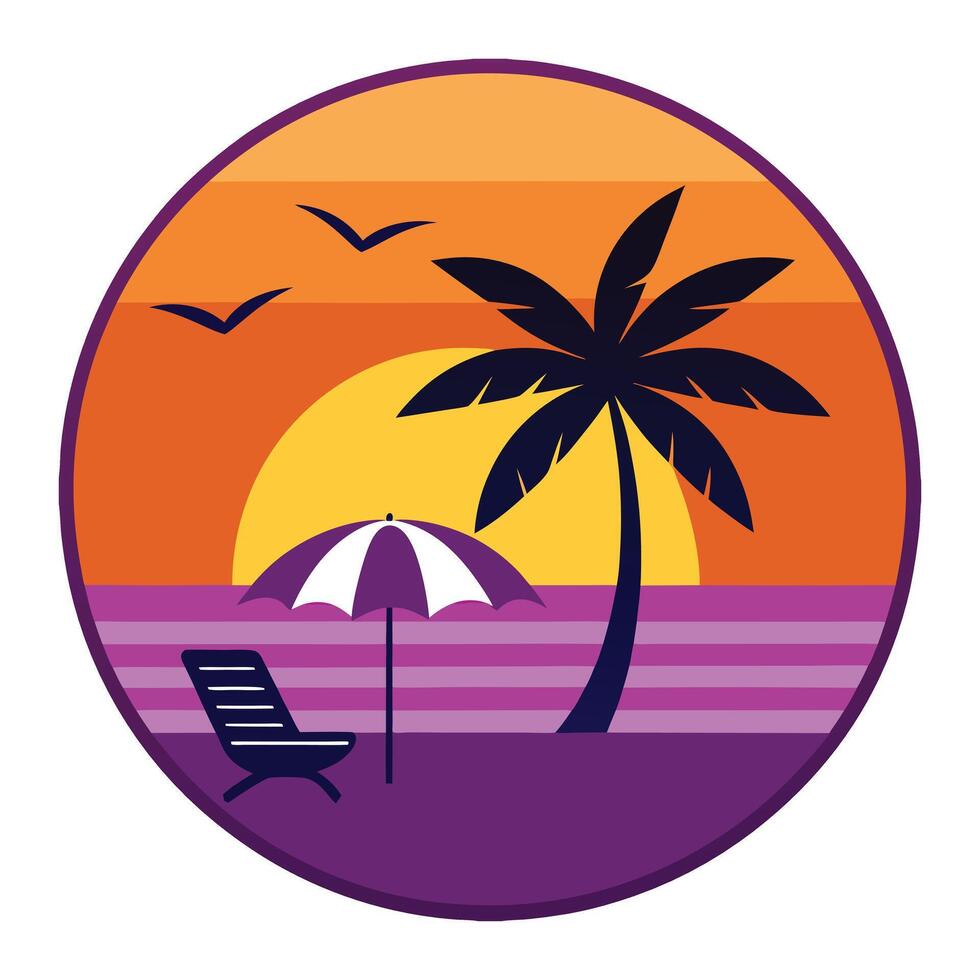 Sunset Beach Icon with Palm Tree, Umbrella, and Lounge Chair vector