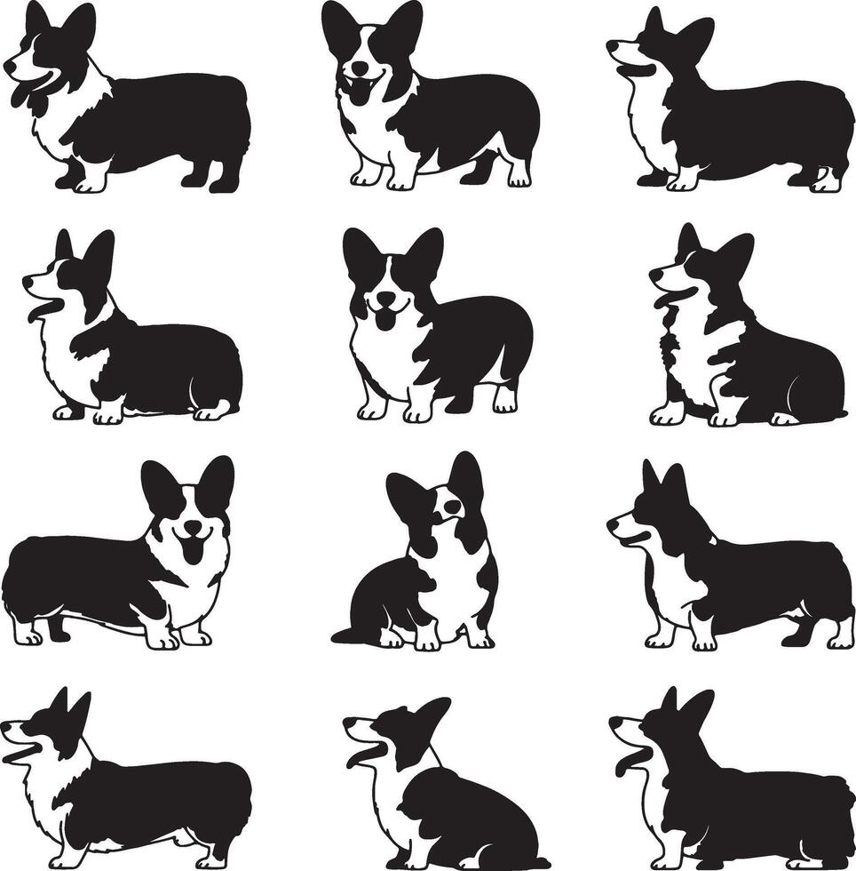 Twelve adorable cardigan welsh corgi silhouettes vector