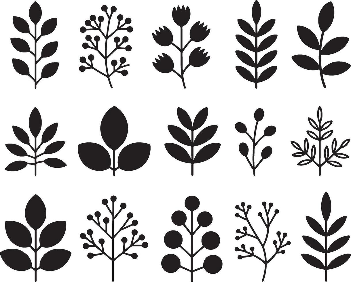 Simple black silhouette botanical illustrations set vector