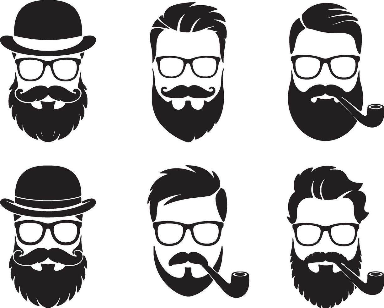 Hipster men icons set mustache beard glasses vector