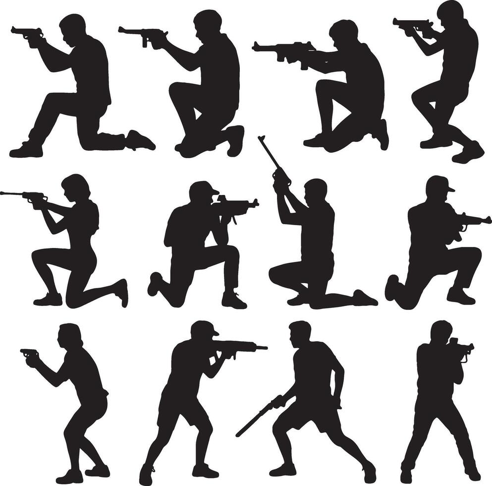 Silhouettes of soldiers in combat positions with weapons vector