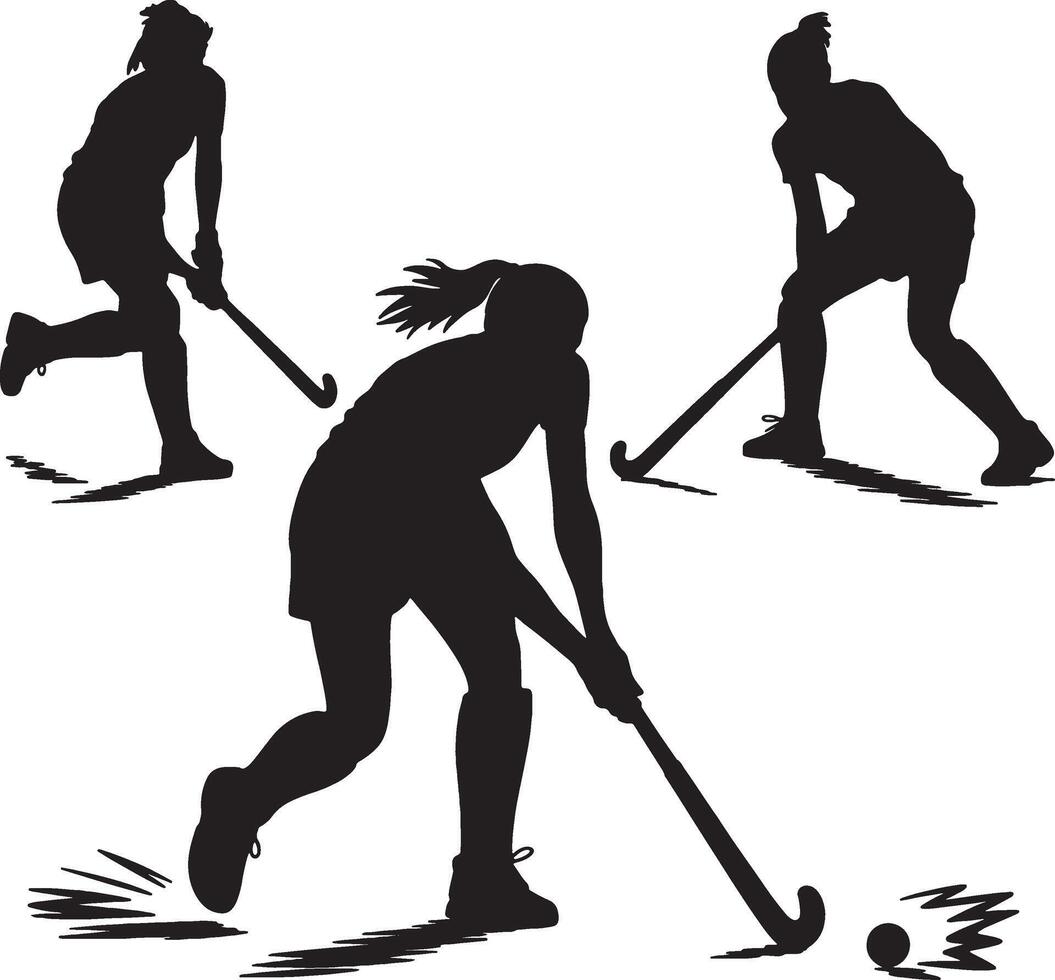 Female field hockey players action silhouettes vector