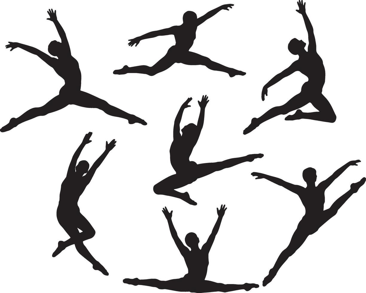 Six silhouettes of dancers leaping and posing vector