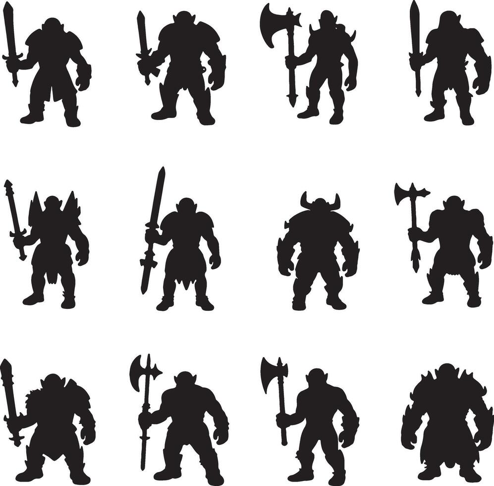 Twelve orc silhouettes with various weapons vector