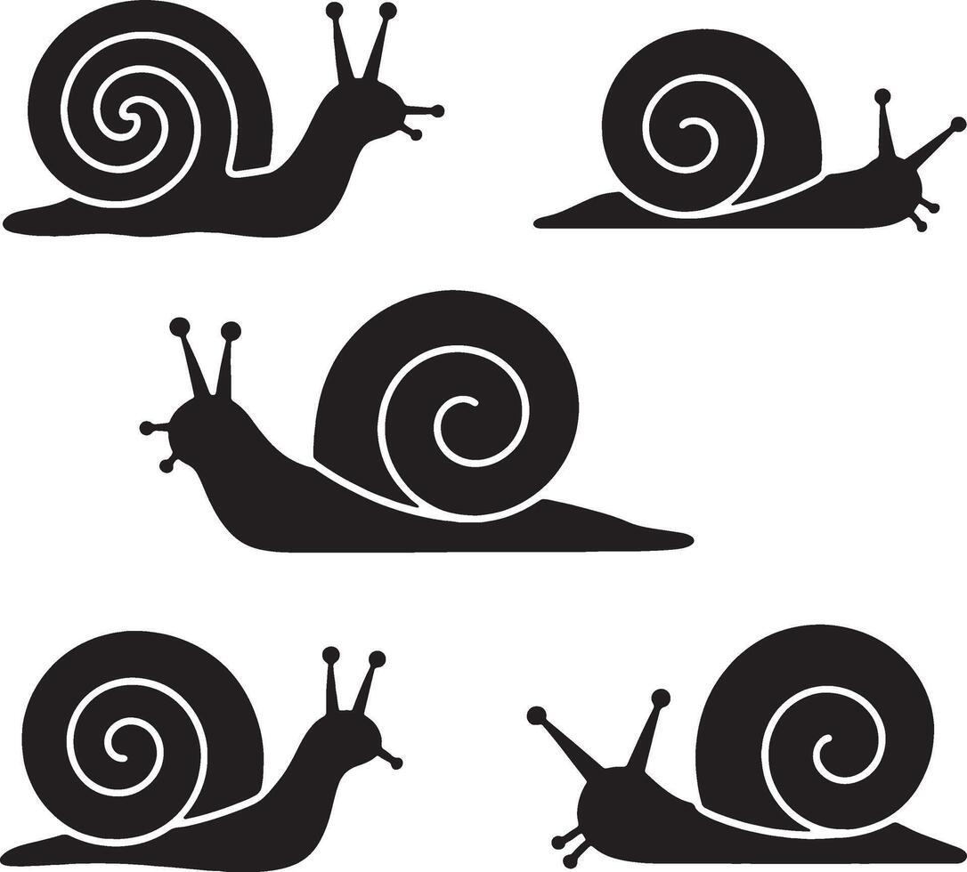 Four silhouettes of snails shell spiral design vector
