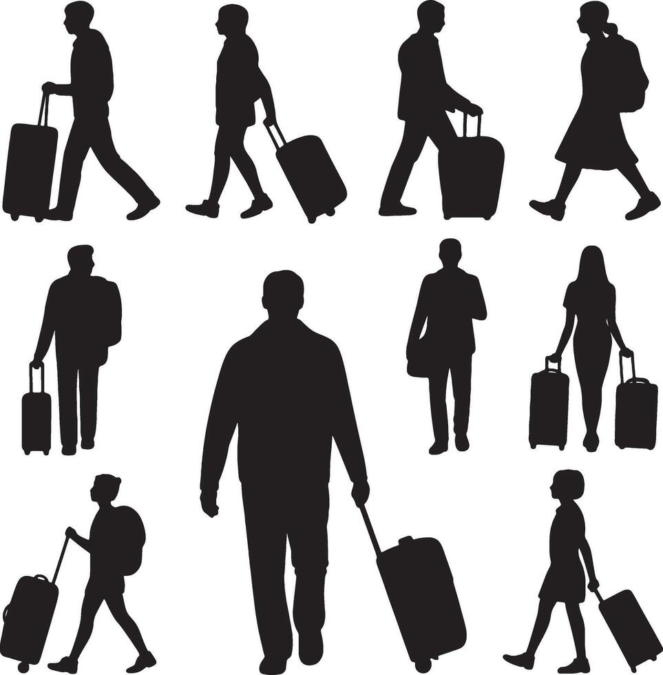 Travelers with luggage silhouette collection airport travel vector