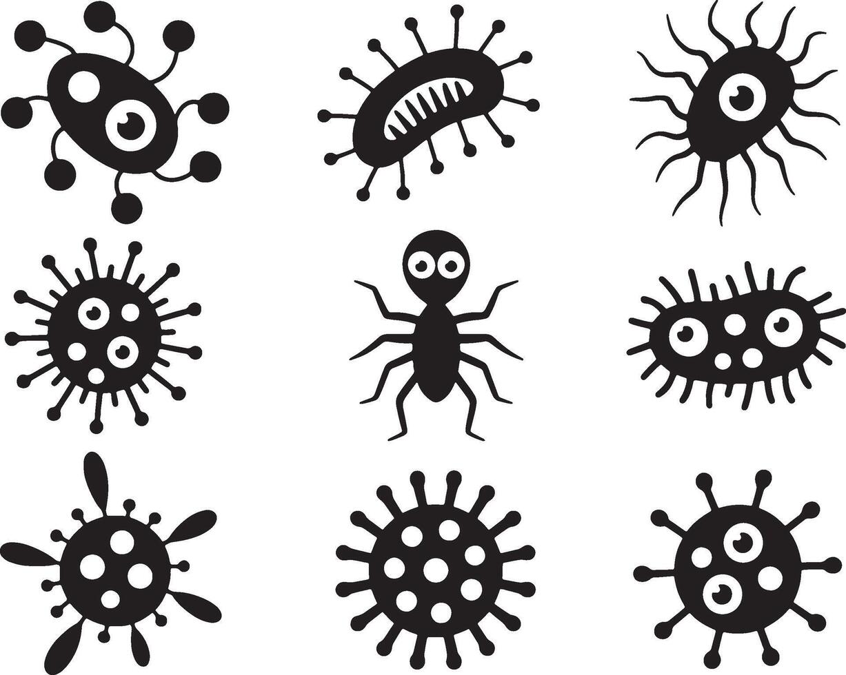Cartoon germs bacteria virus icons set illustration vector