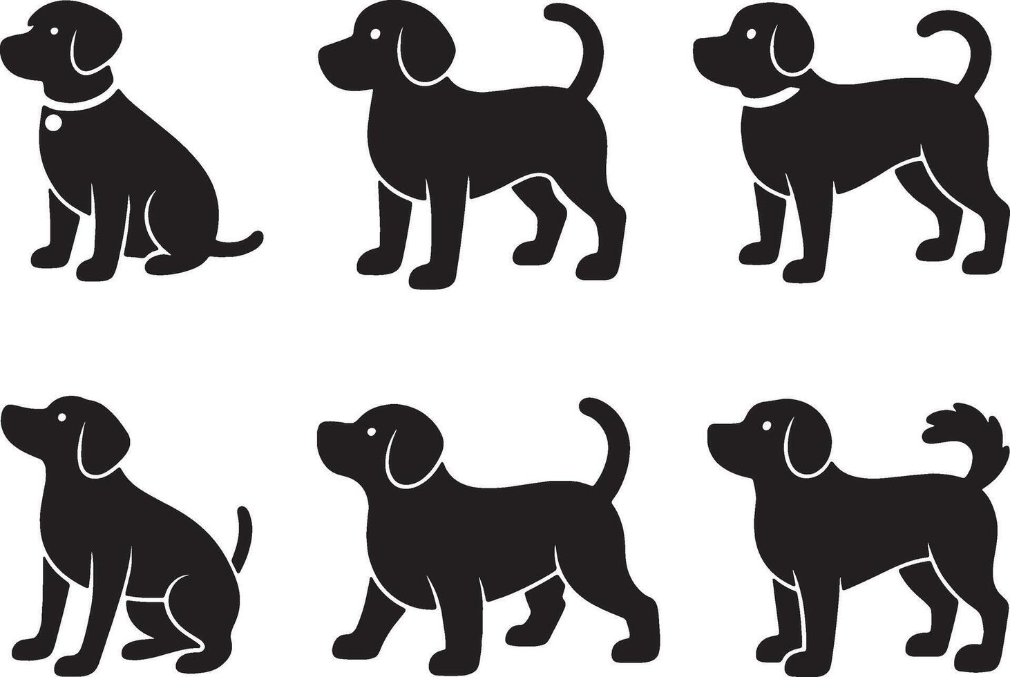 Six silhouettes of adorable dogs in various poses vector
