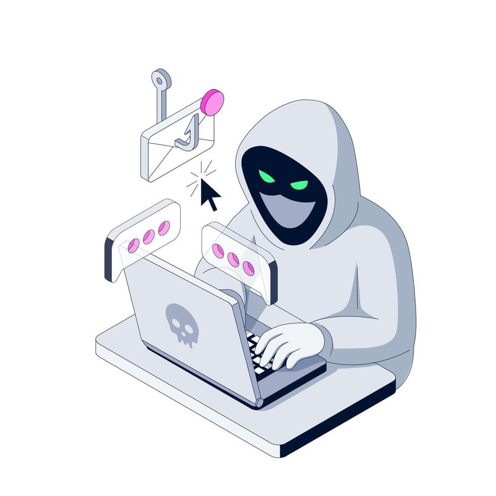 Scammer is sitting at his laptop. The letter is hooked. Isometric illustration. Phishing attack tricks users with fake email messages. Hacker uses bait link vector