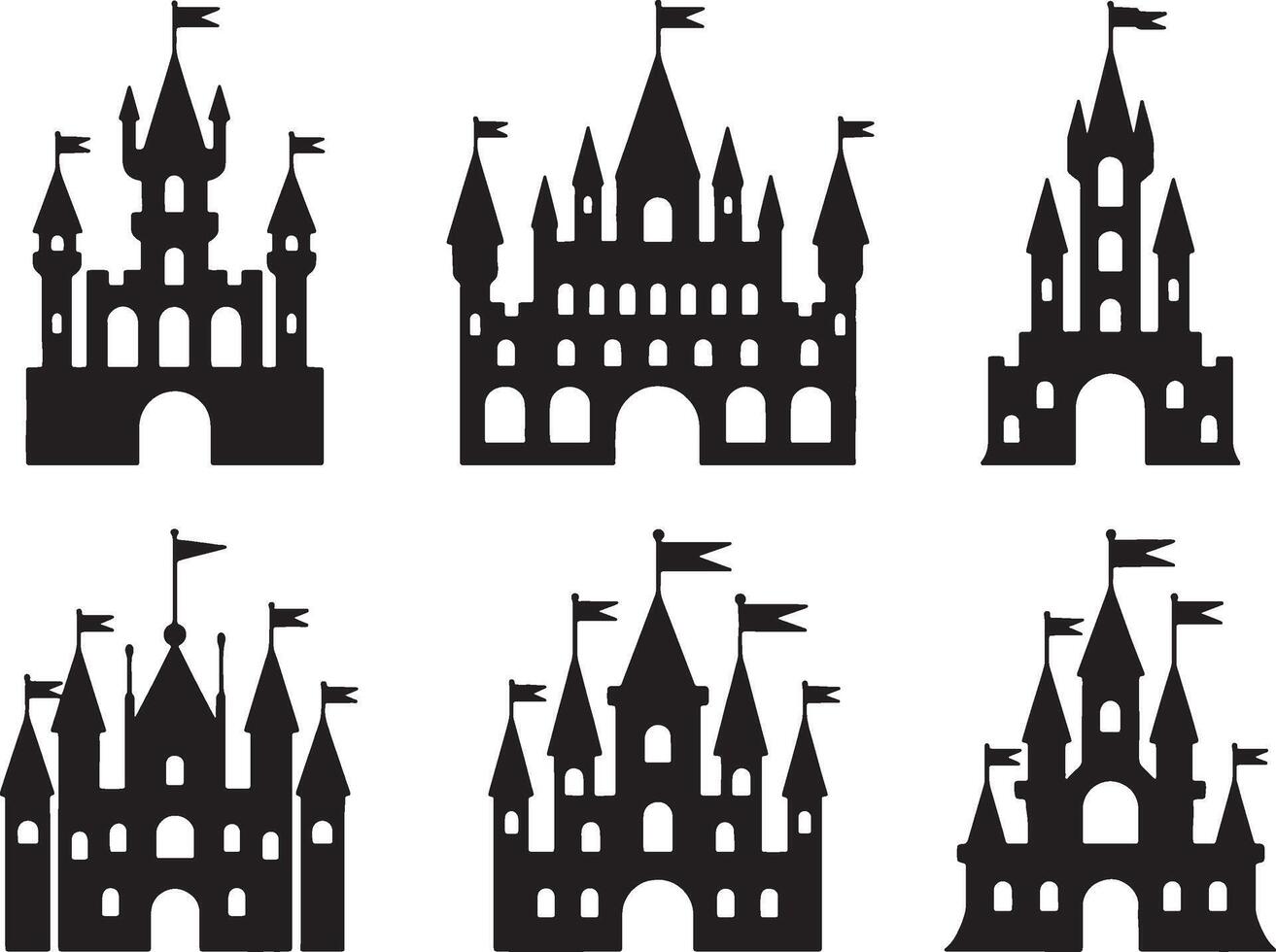 Six silhouettes of fairytale castles and forts vector