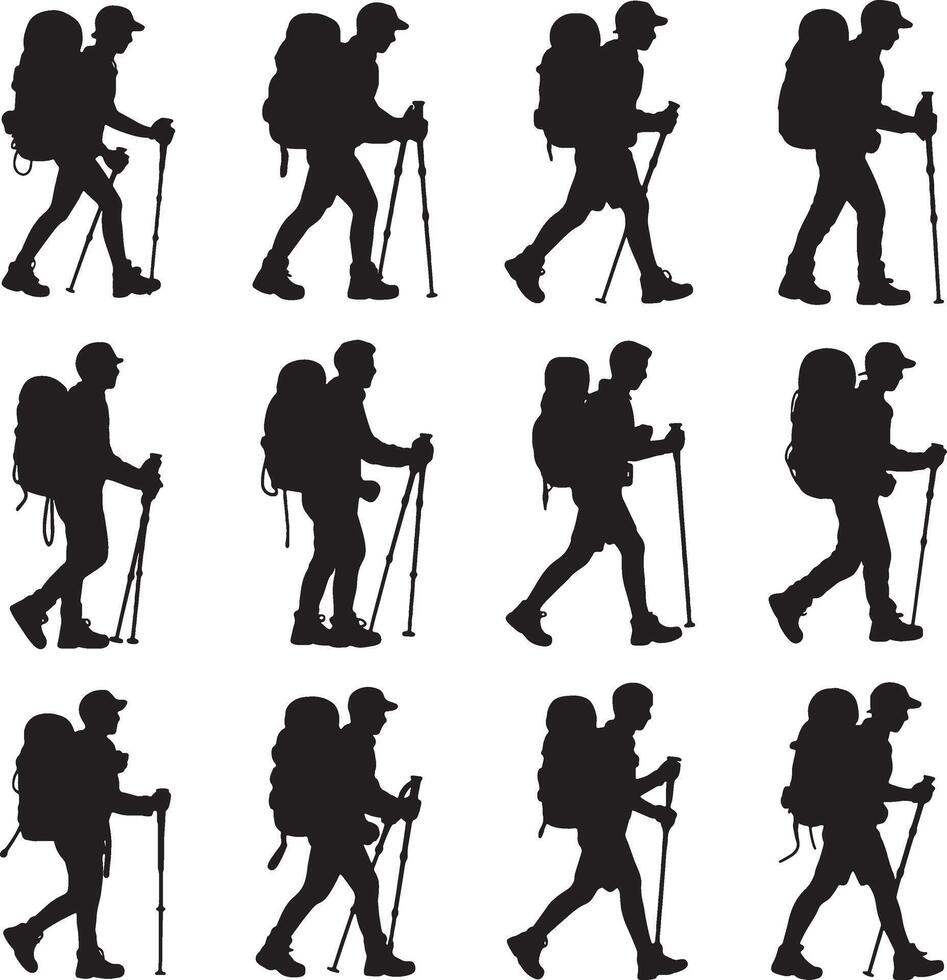 silhouettes of people with backpacks walking on a white background vector