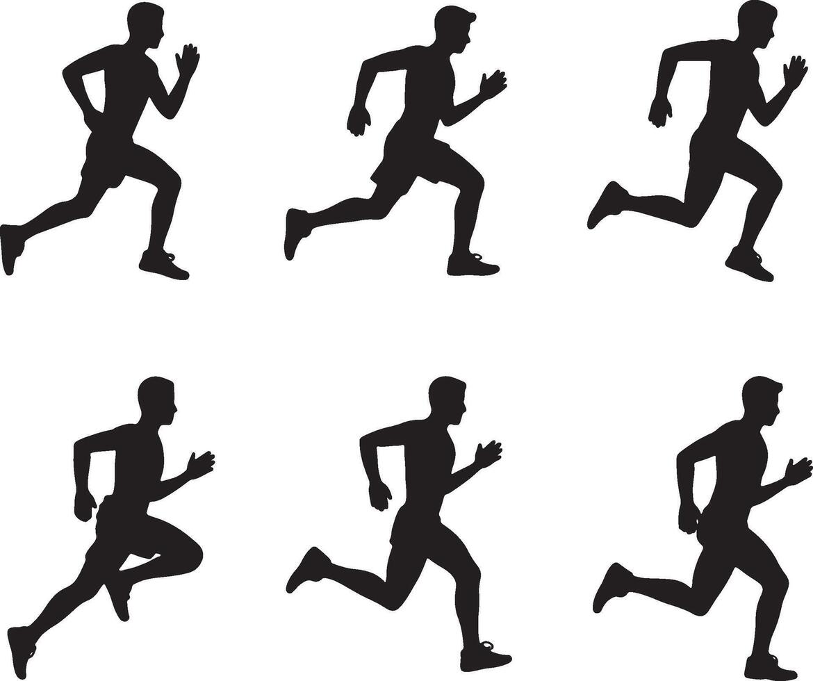 Six silhouettes of runners in motion dynamic poses vector