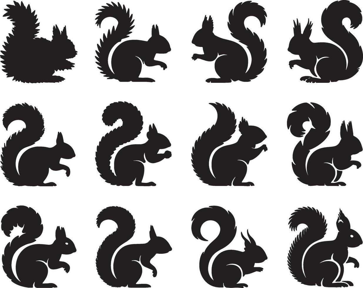 Twelve silhouettes of adorable squirrels in various poses vector