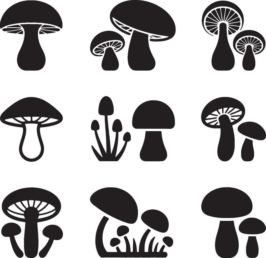 Collection of black silhouettes various mushrooms fungi vector