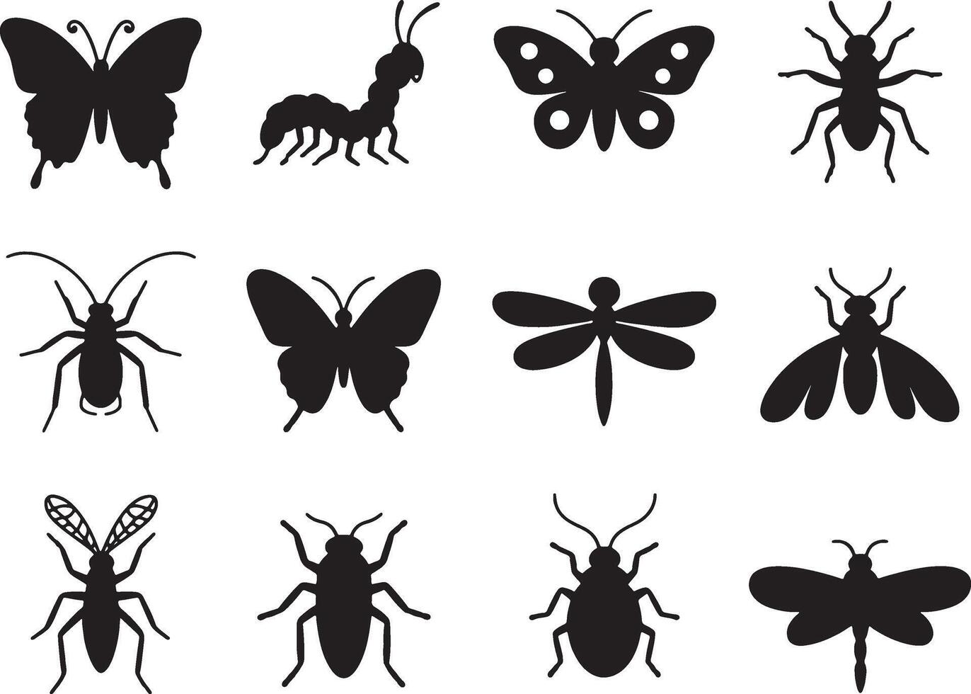 Twelve black silhouettes of various insects vector