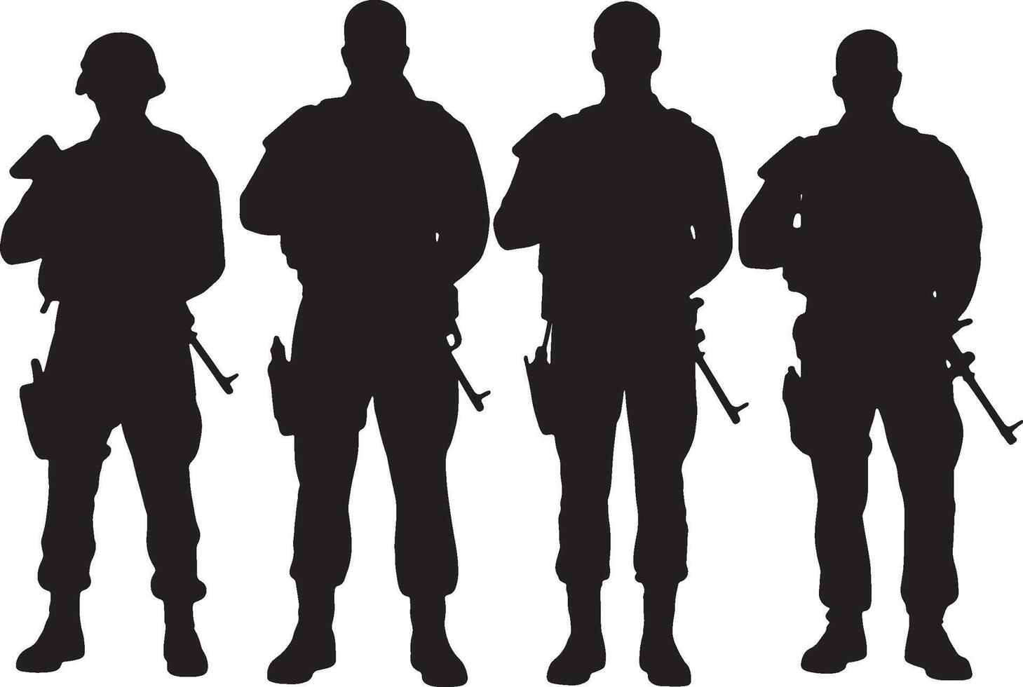 Four silhouettes of armed soldiers standing guard vector