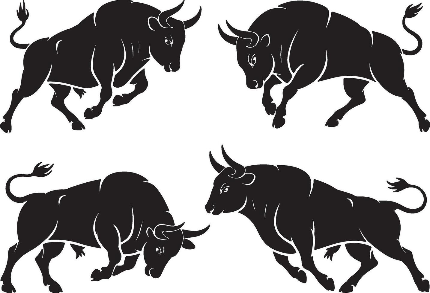 Four silhouettes of powerful charging bulls vector