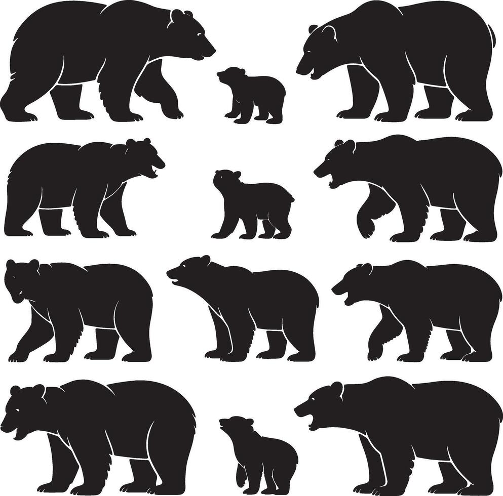 Grizzly bear family silhouettes collection wildlife animals vector