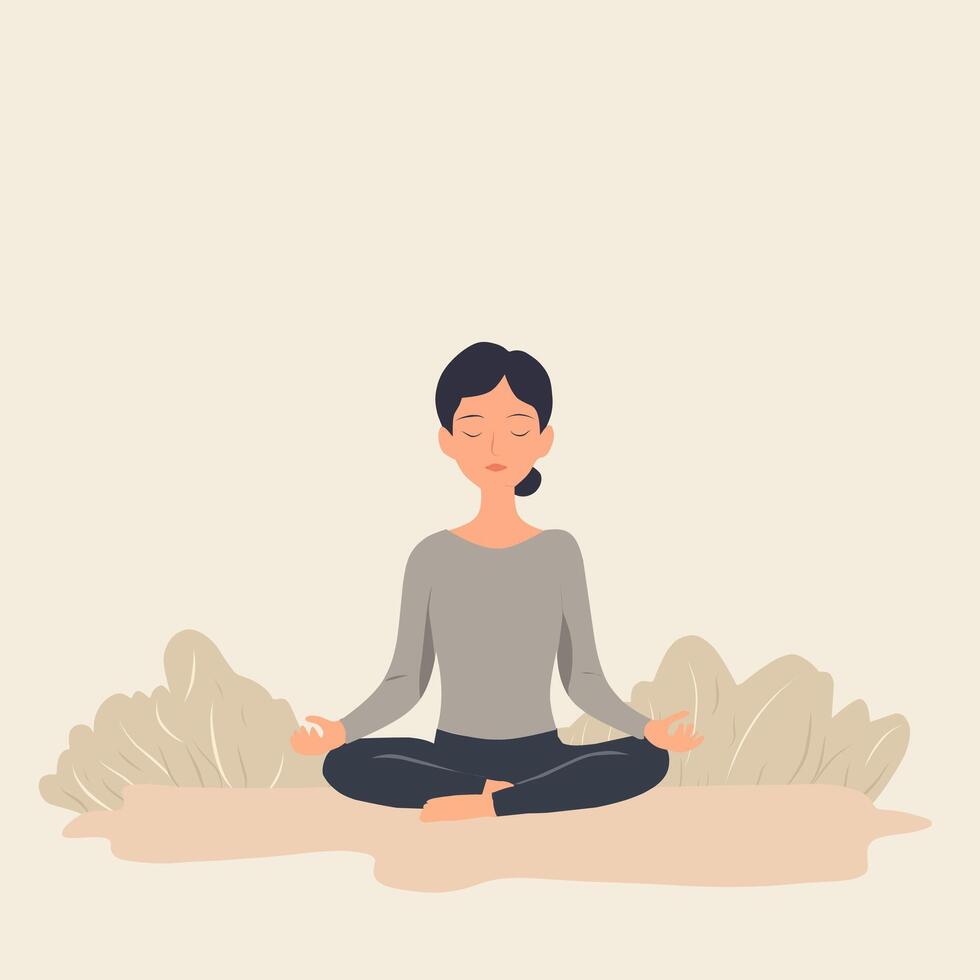 Flat style illustration of a young woman meditating in a peaceful outdoor setting. Perfect for wellness, mental health, relaxation, or yoga-related content and products vector