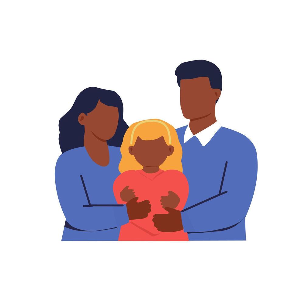 Happy family with diverse parents hugging their child. Concept of multicultural family love and unity in modern parenting vector