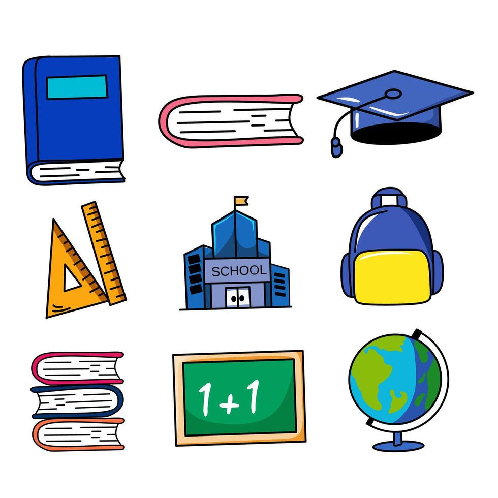 Colorful school icon set in flat style. Includes books, backpack, school building, blackboard, graduation cap, ruler, and globe. Perfect for education themes vector